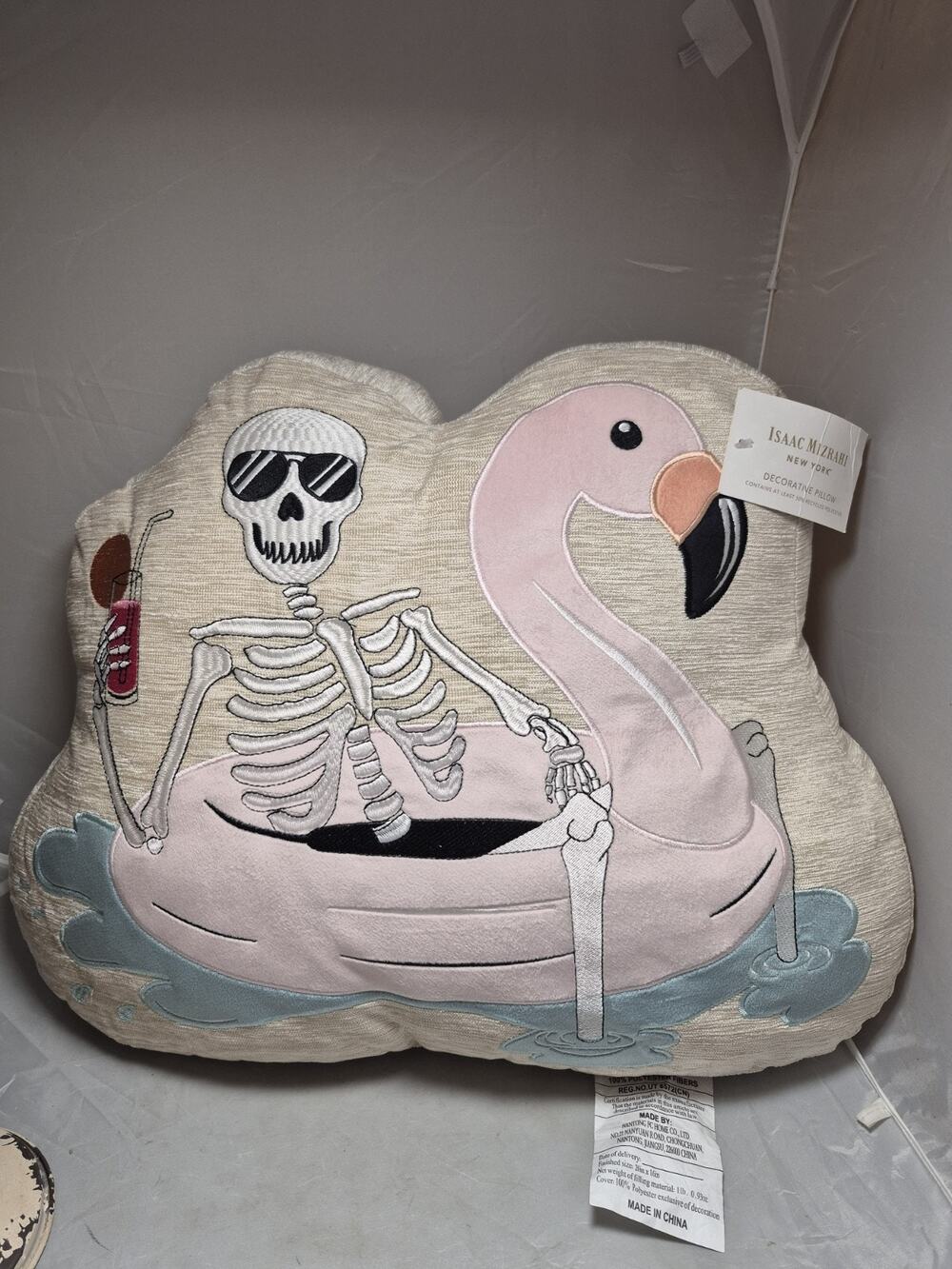 Isaac Mizrahi Summerween Skeleton And Pink Flamingo Decorative Pillow Whimsy